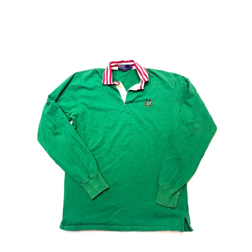 POLO RALPH LAUREN Vintage Mens Medium Green Red White Long Sleeve Polo Shirt JJ4